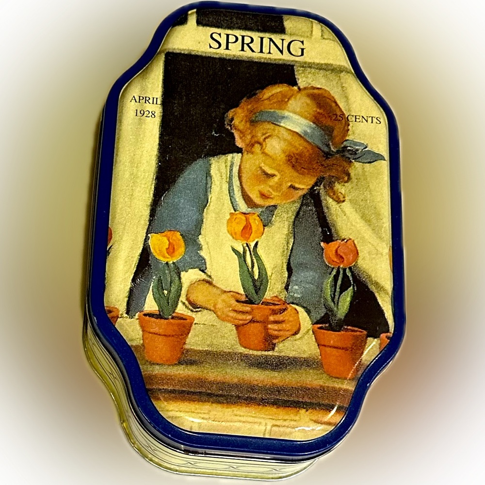 VTG GOOD HOUSEKEEPING SPRING APRIL 1928 CHOCOLATE TIN GIRL TULIPS 7.5”x4.75”